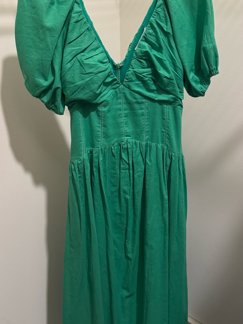 Fortunate One- Puff Short sleeve green maxi dress with corset stitching